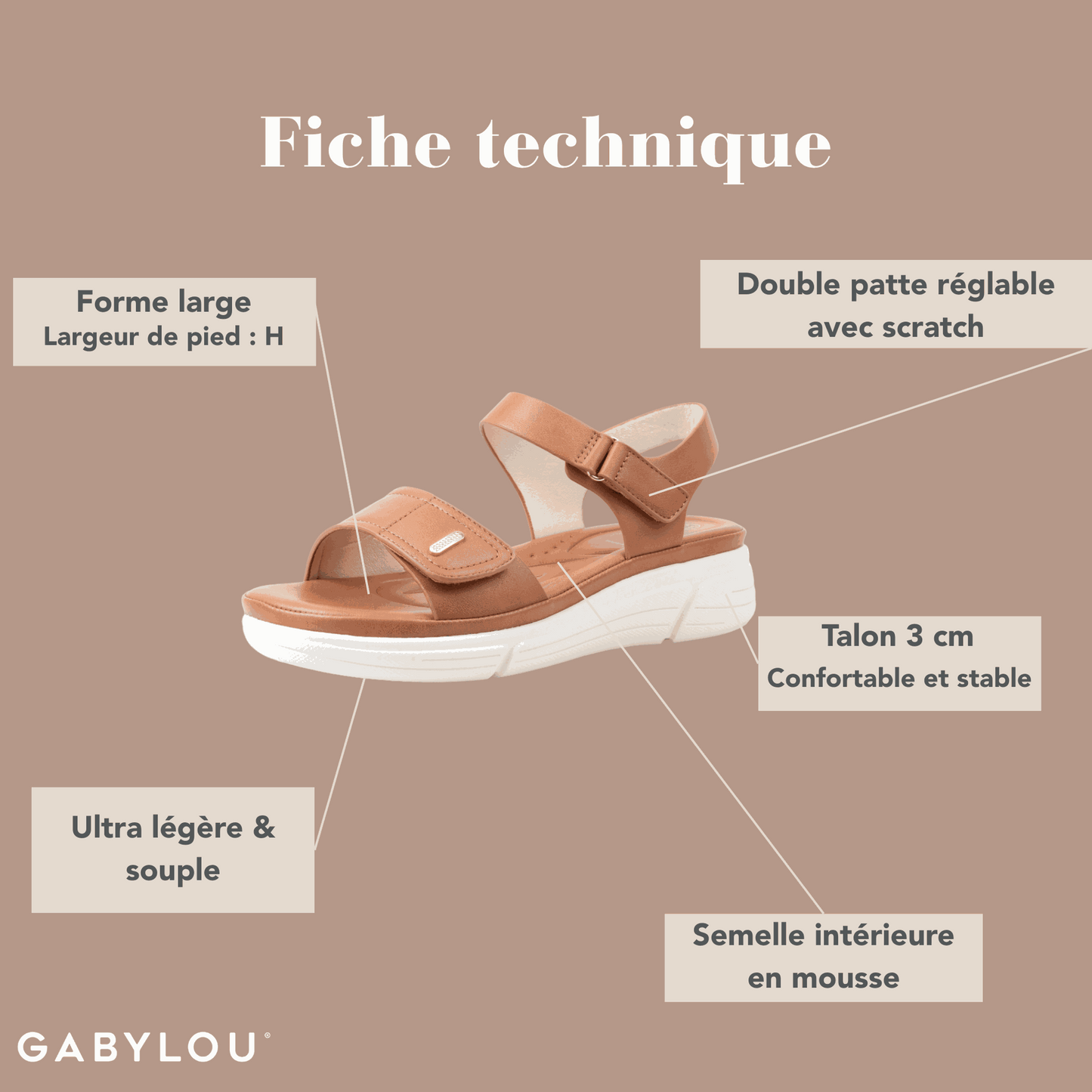 Sandales pieds larges ajustables H - Modele Mia