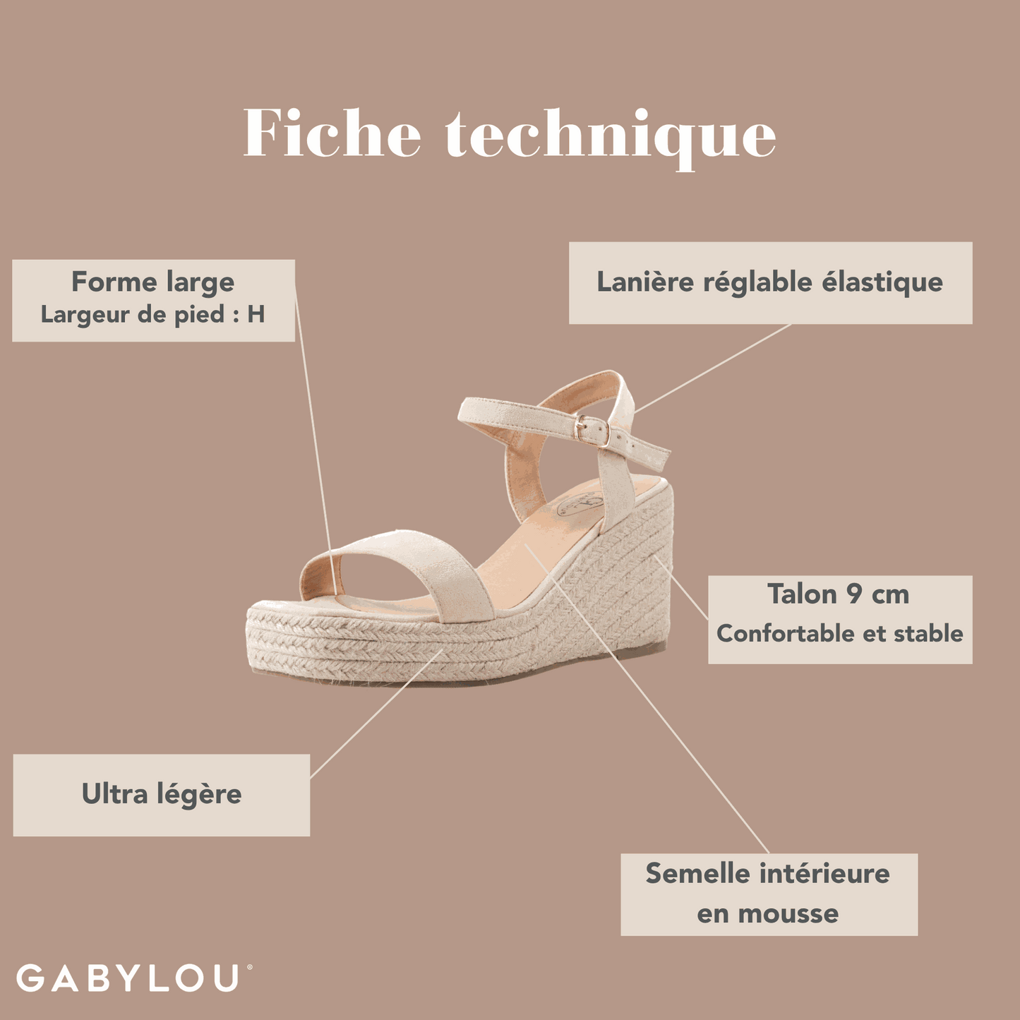 Sandales compensées pieds larges ajustables H - Modele Vic