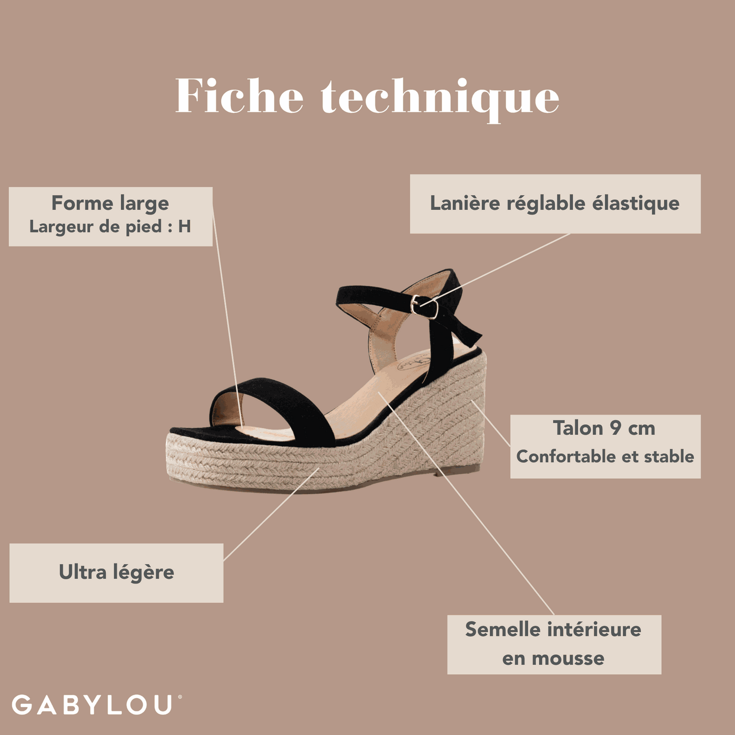 Sandales compensées pieds larges ajustables H - Modele Vic