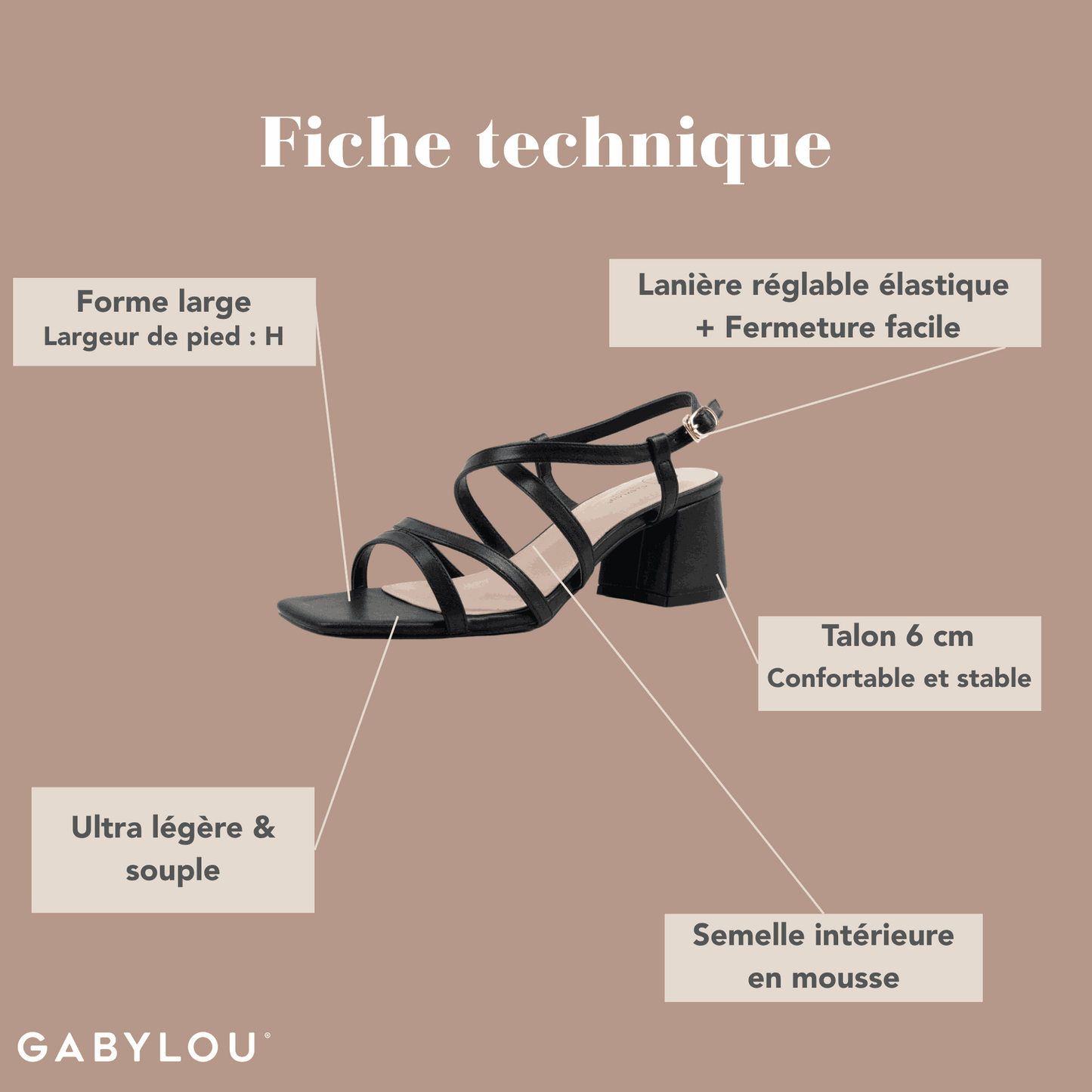 Sandales à talons pieds larges ajustables H - Modele Zoe