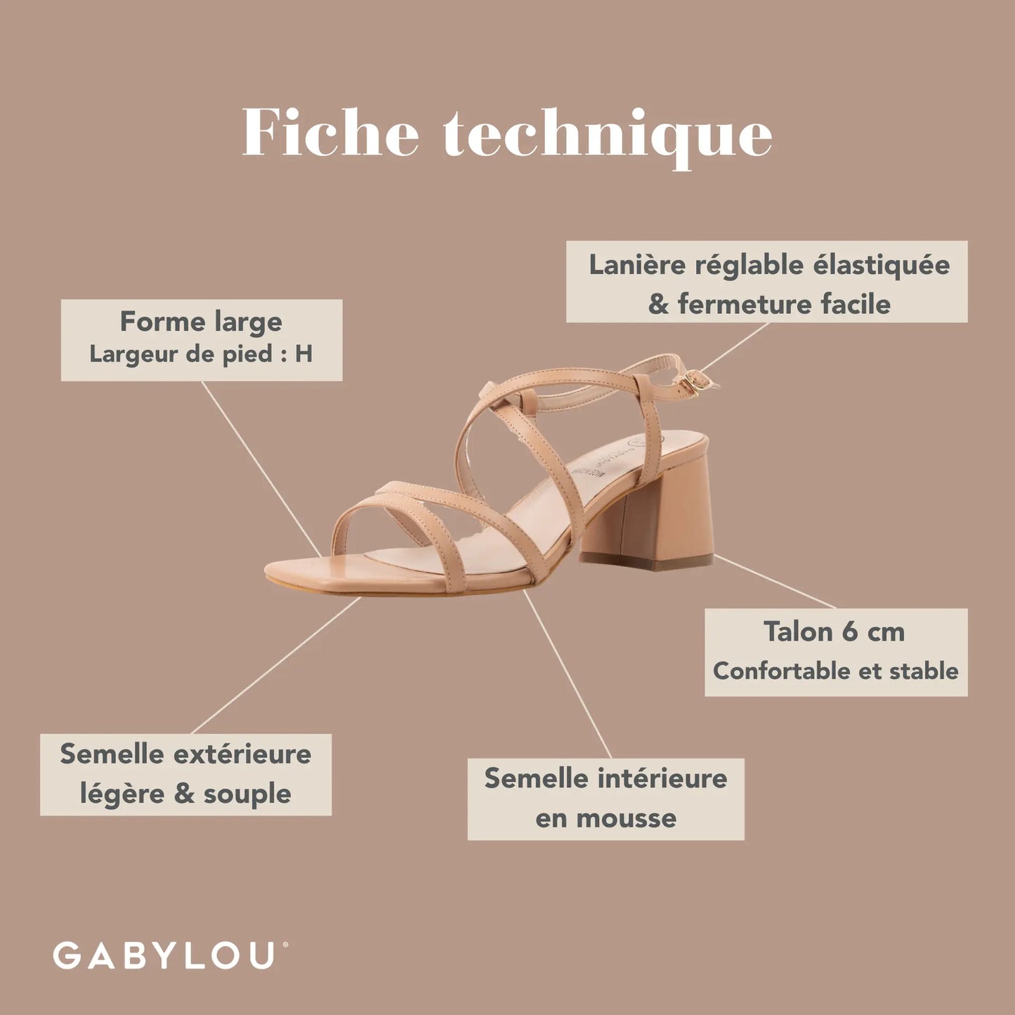 Sandales à talons réglables à bout large, modèle H - Zoe