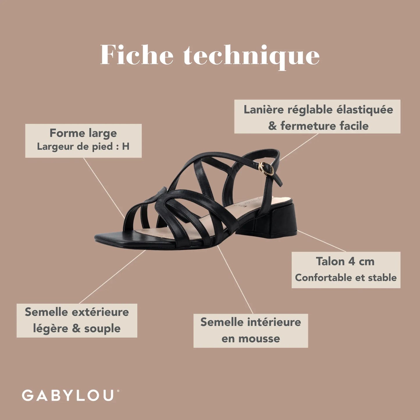 Sandales à talons réglables à bout large, modèle H - Eva