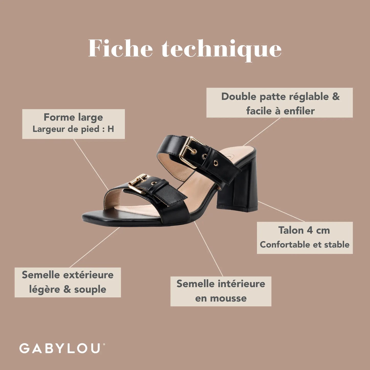 Mules à talon large ajustable H - Modèle Iza