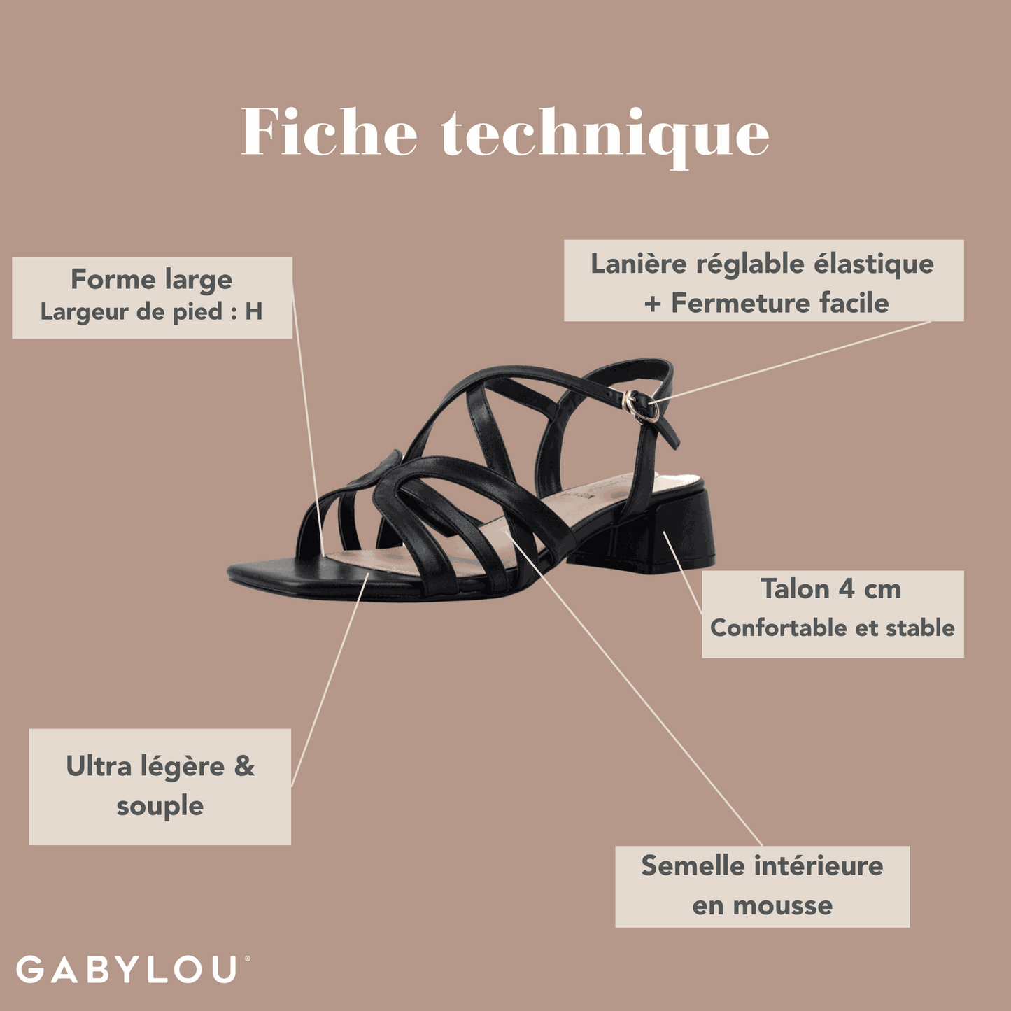Sandales à talons pieds larges ajustables H - Modele Eva