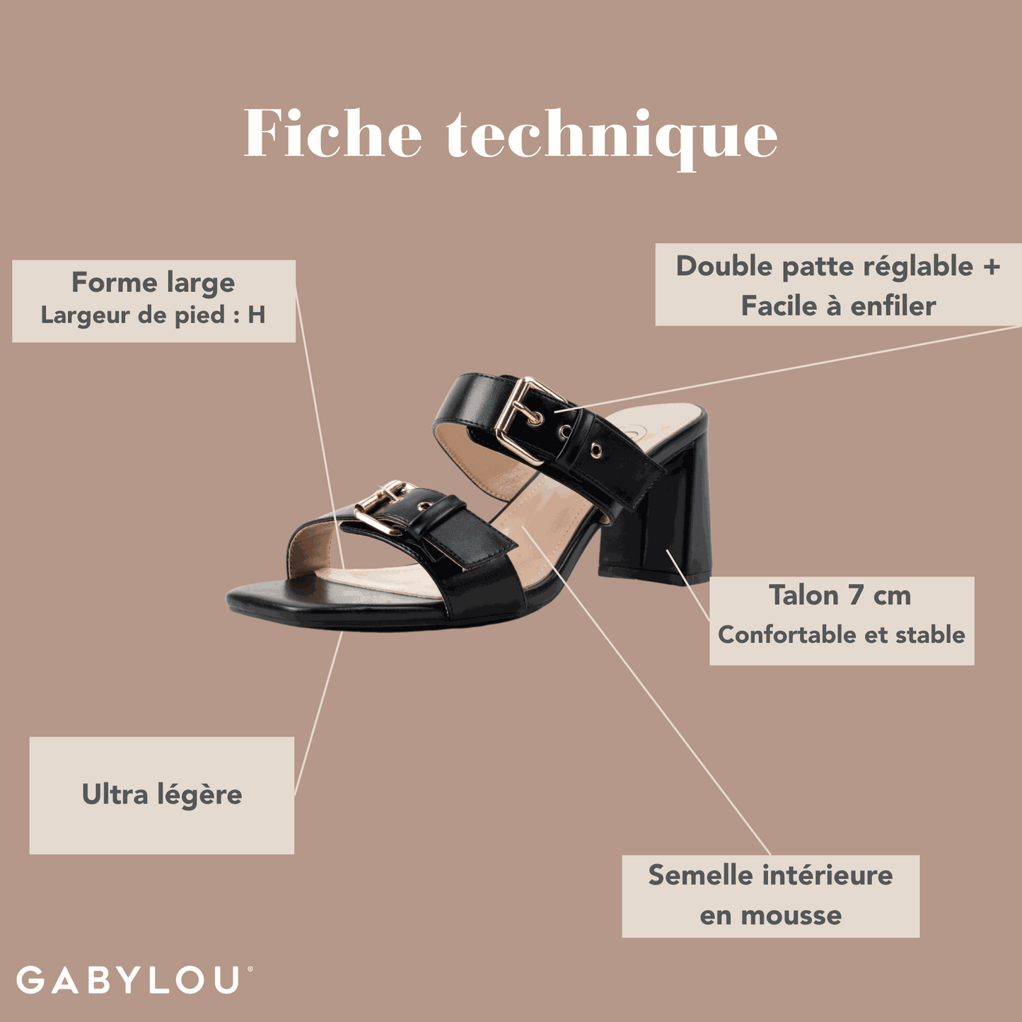 Mules con tacón ancho ajustable en H - modelo Iza