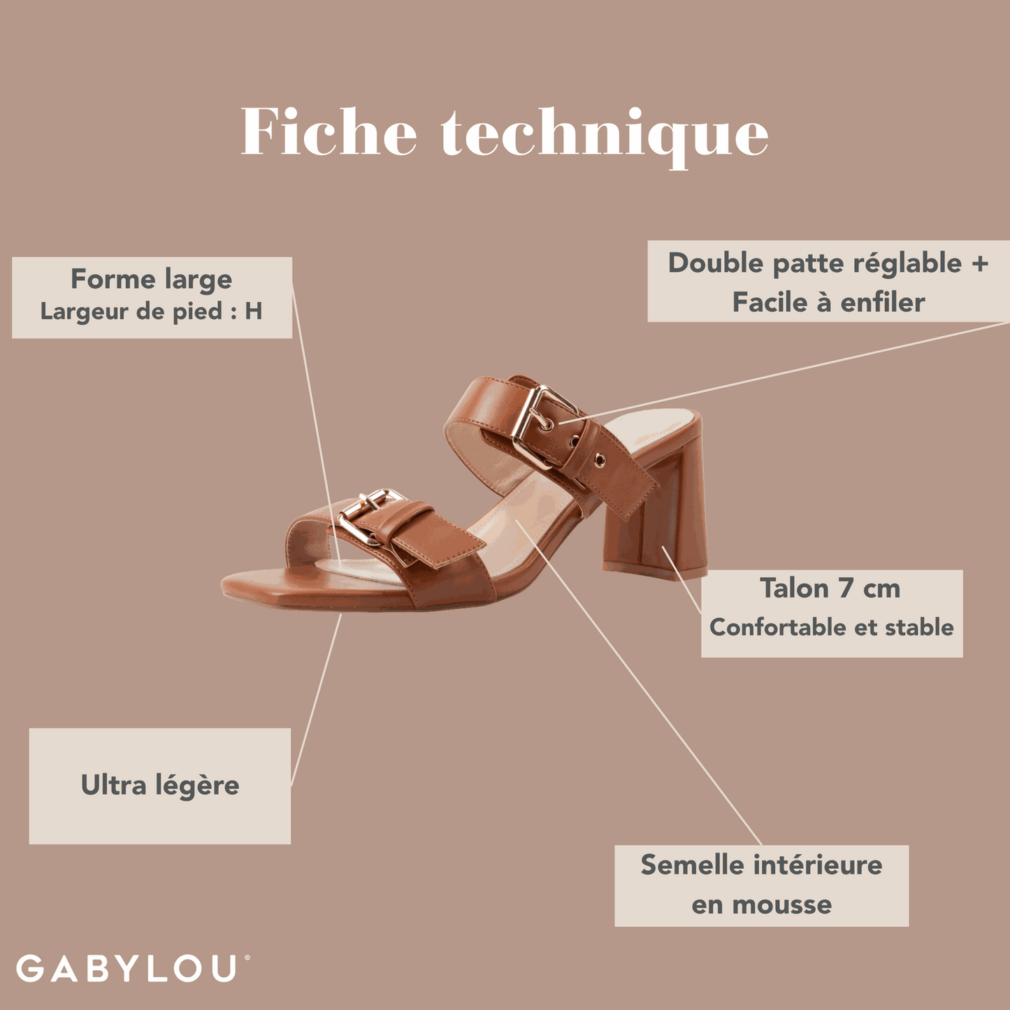Mules con tacón ancho ajustable en H - modelo Iza