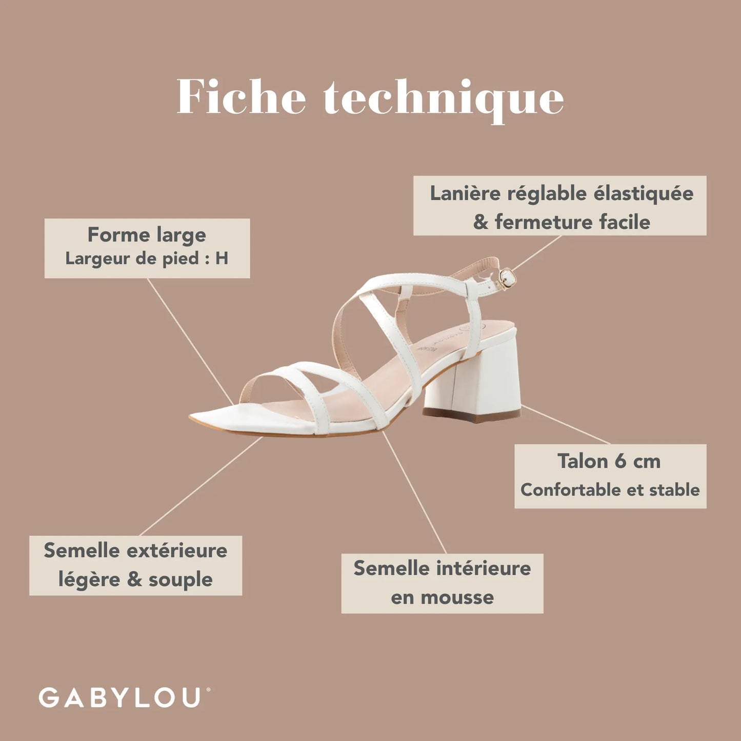 Sandales à talons réglables à bout large, modèle H - Zoe